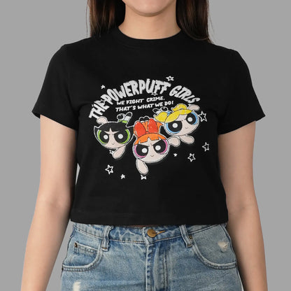 ADLV Powerpuff Girl Crayon Artwork Crop Black Tee